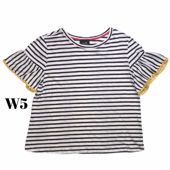 W5 Tops - W5 Blue and White Striped Shirt Sleeve Yellow Trim